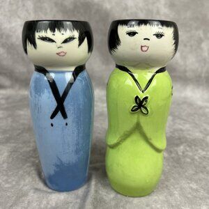 Pair 2 Asian Porcelain Kokeshi Doll Green Blue Vase Japanese Boy Girl Ceramic